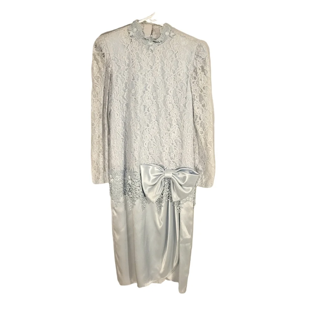 Patra Designer Vintage Pastel Blue Lace & Bow Satin Shift Dress